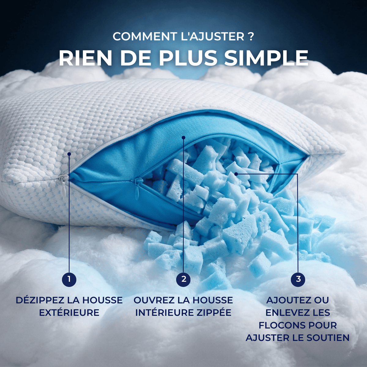 Le premier oreiller que vous réglez vous-même. Votre hauteur. Votre fermeté. Votre nuage.